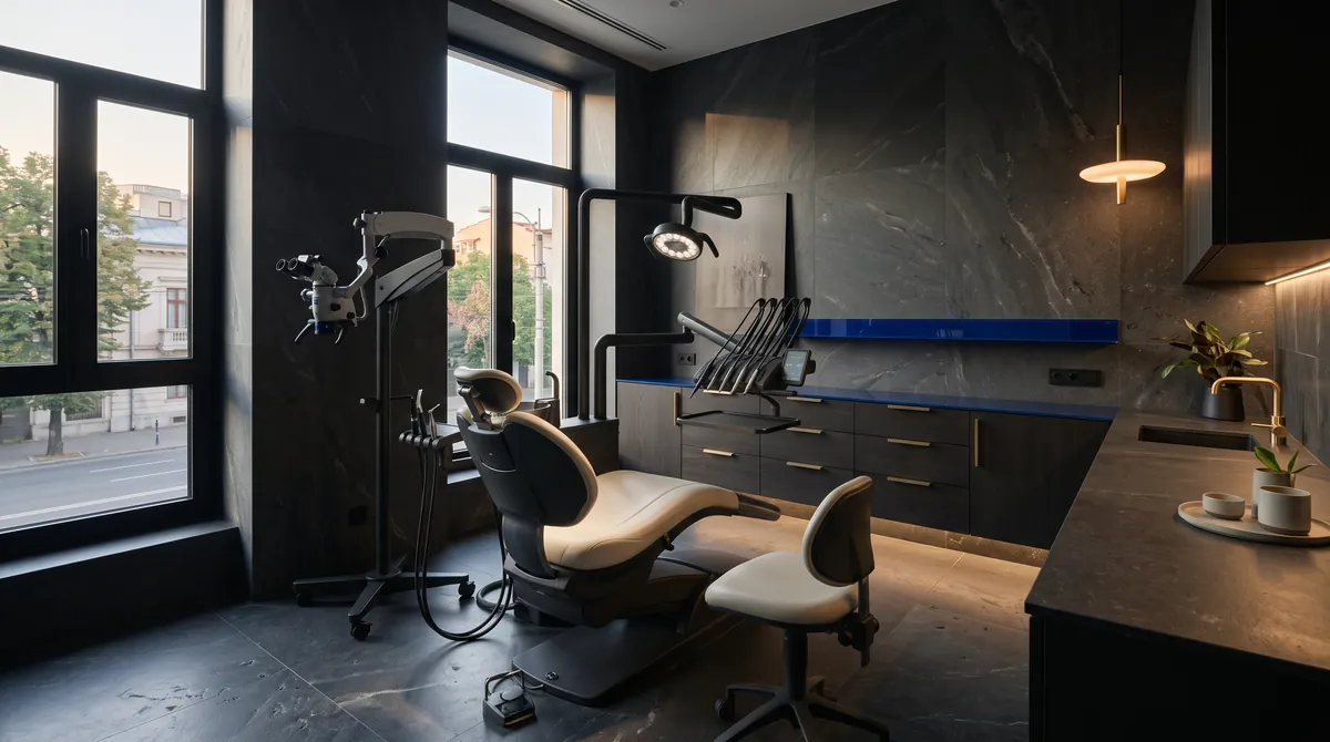 A Smalț treatment room with dental chair, microscope and daylight