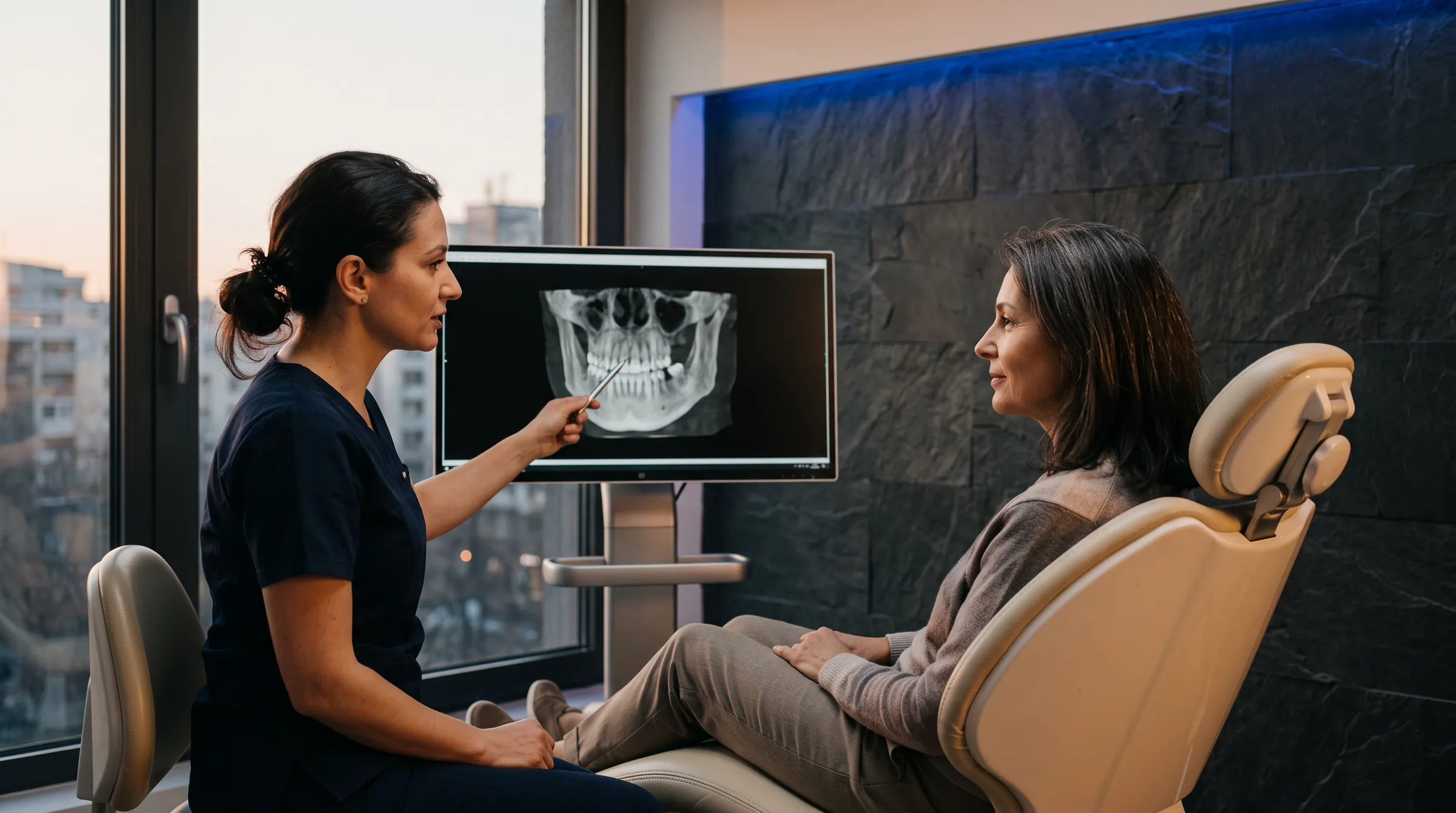 The dentist shows the patient her CT scan on screen