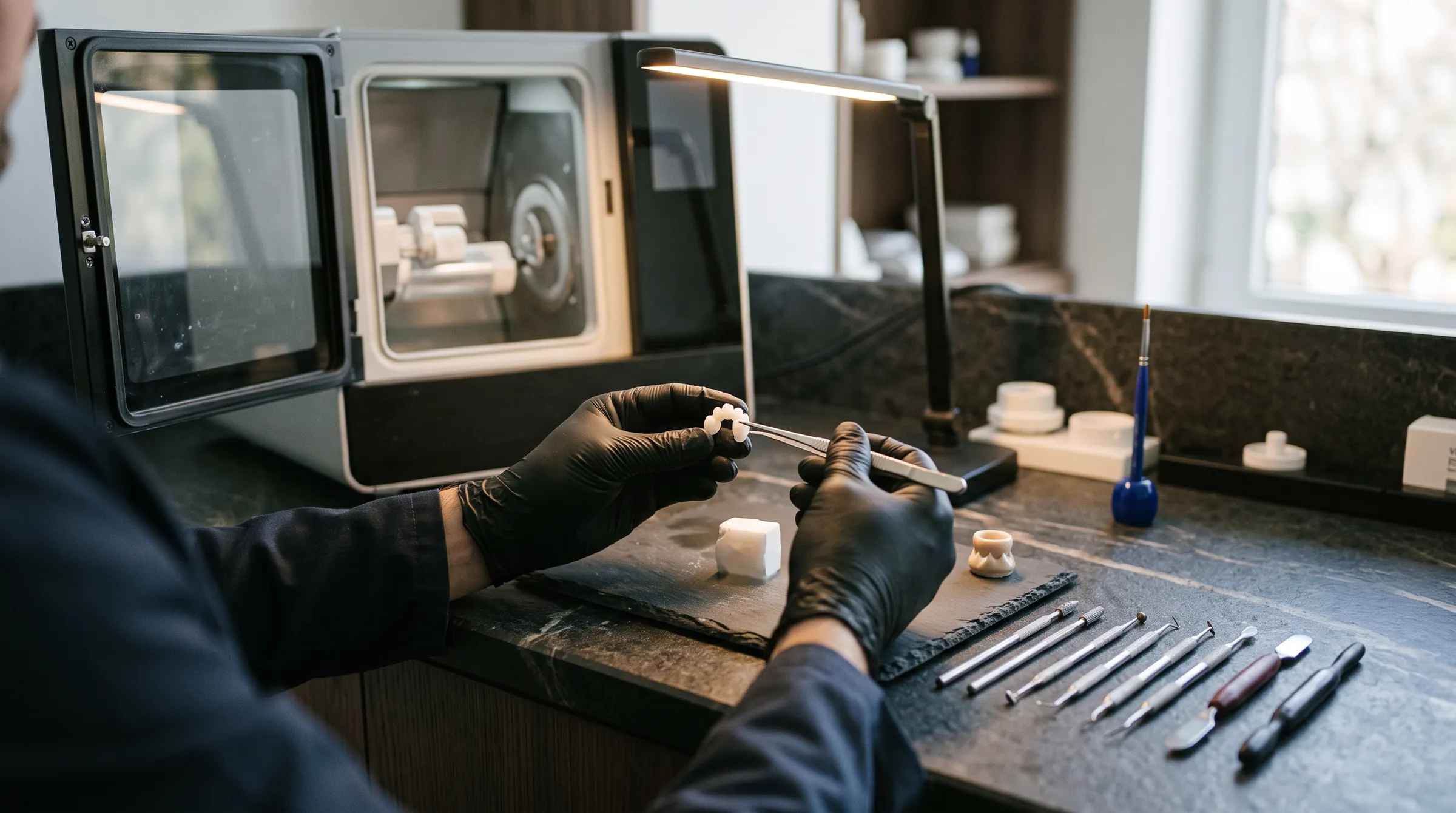 A freshly milled ceramic crown in the clinic lab