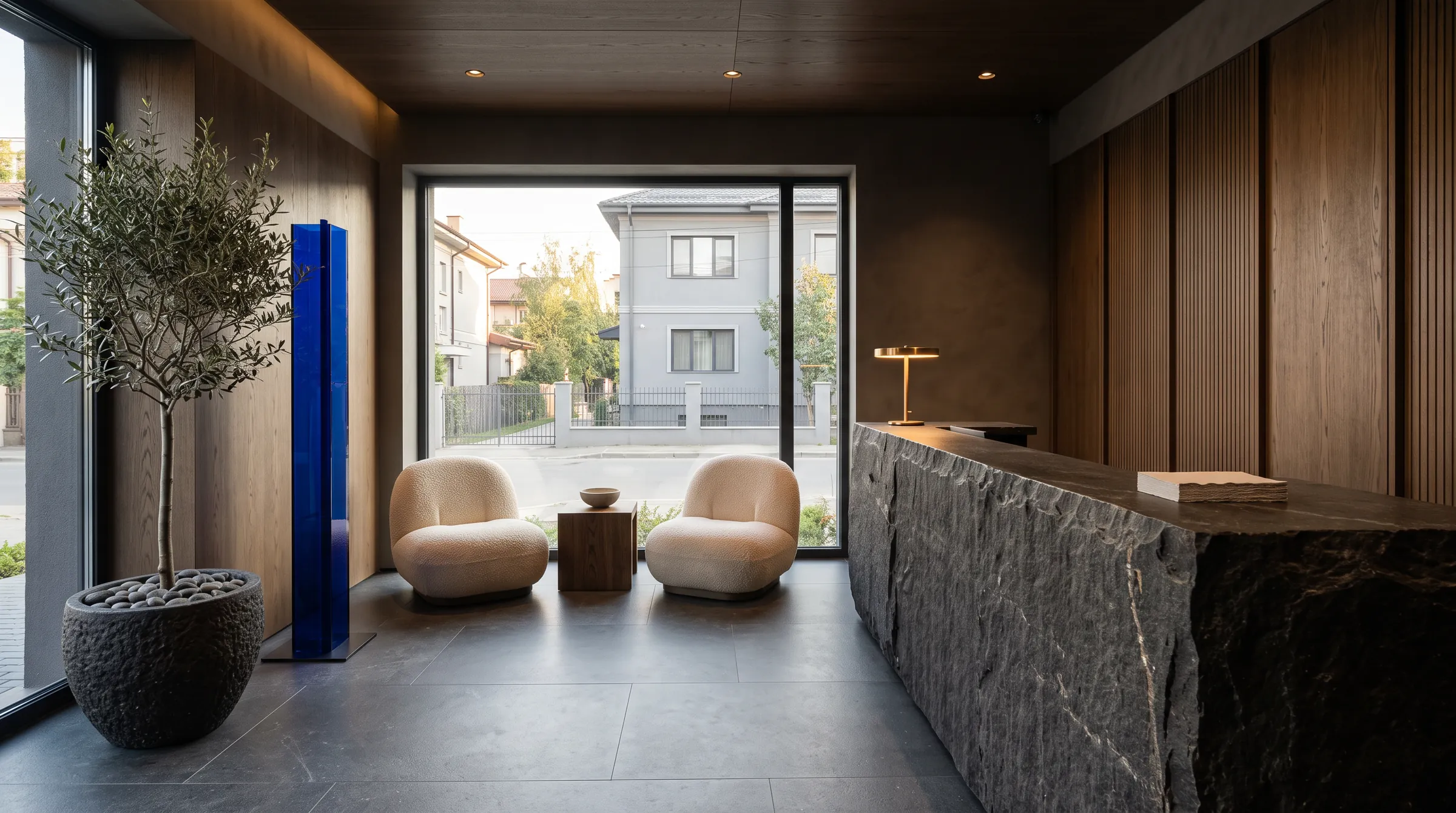 The Smalț reception: a stone desk, two armchairs, an olive tree