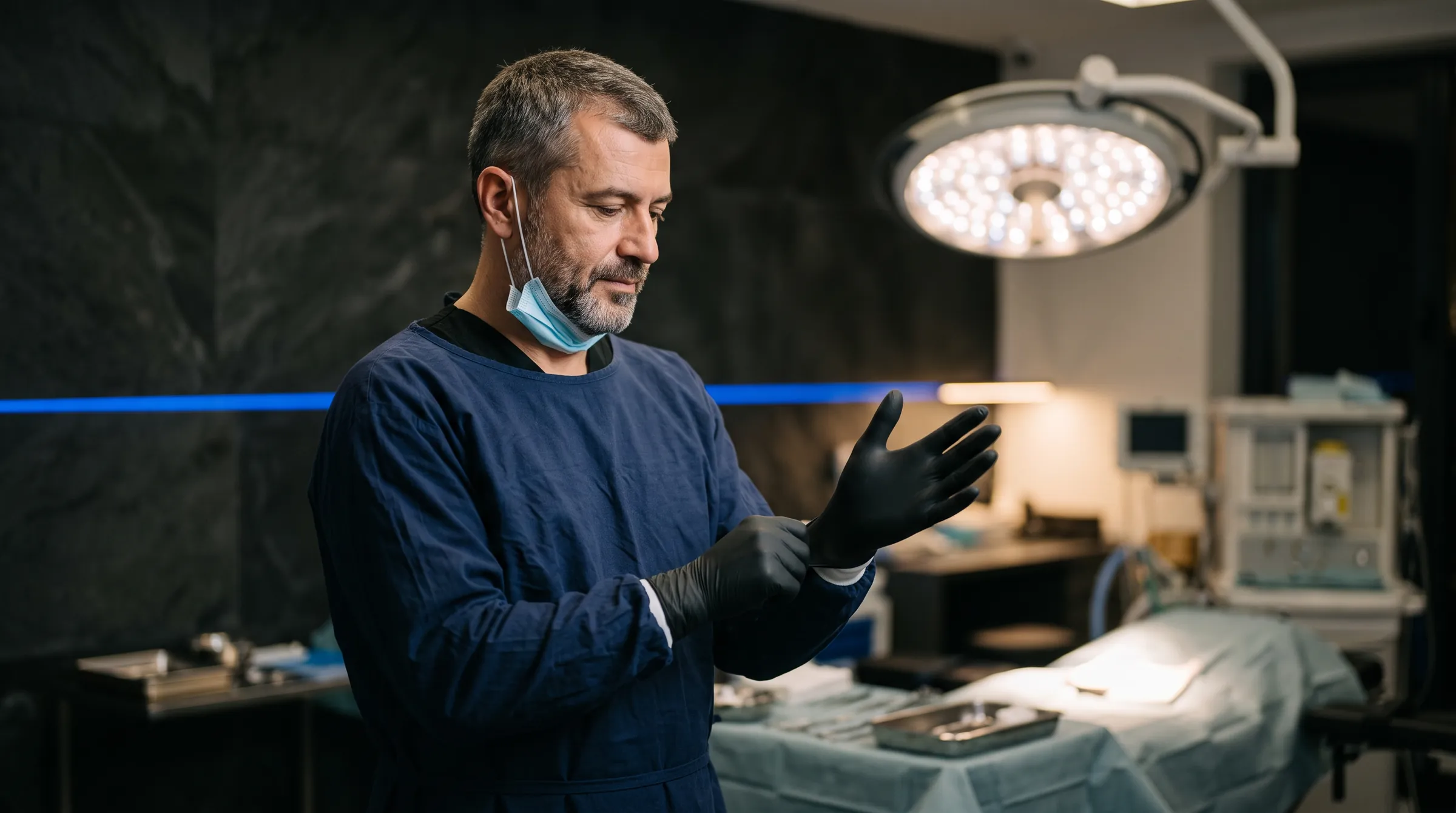 The oral surgeon putting on sterile gloves
