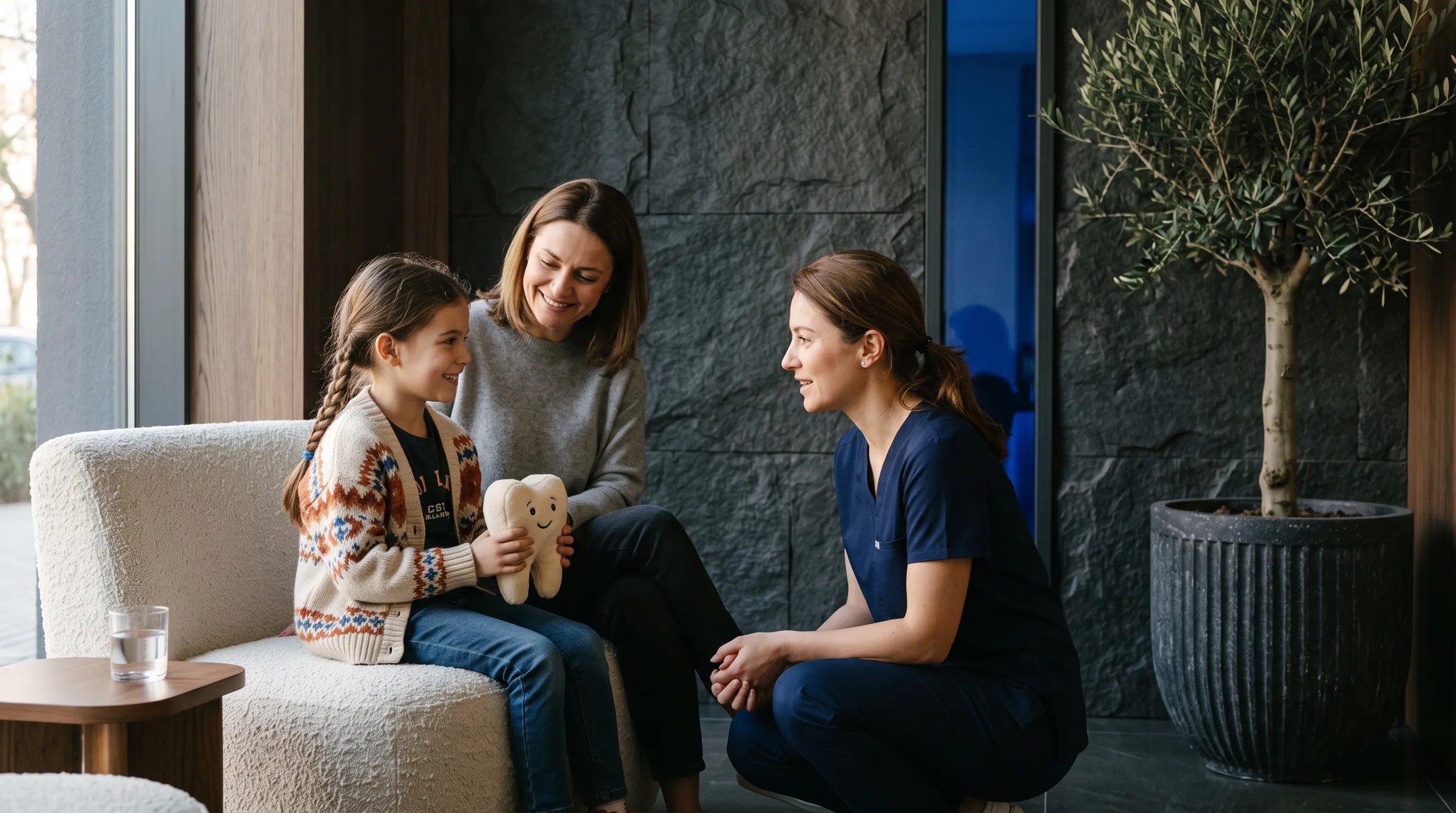 The dentist talking to a girl and her mother in the waiting room