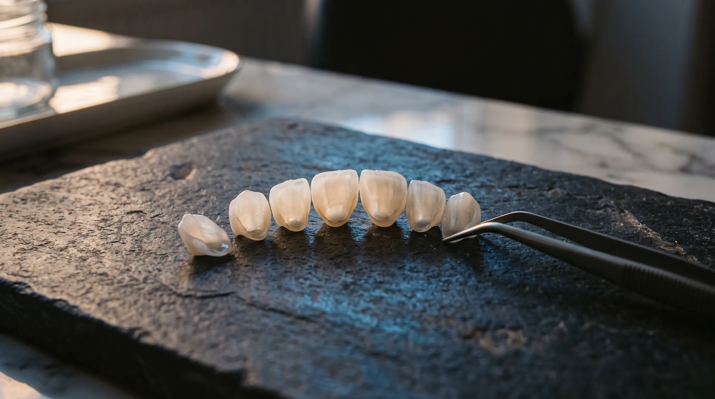Thin ceramic veneers laid out in an arc