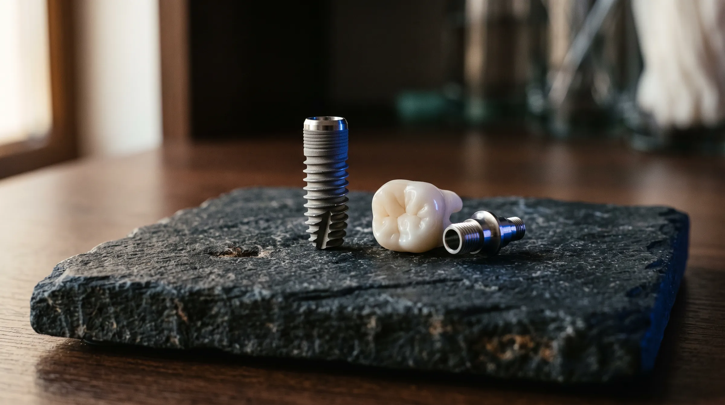 A titanium implant, abutment and ceramic crown on a stone slab