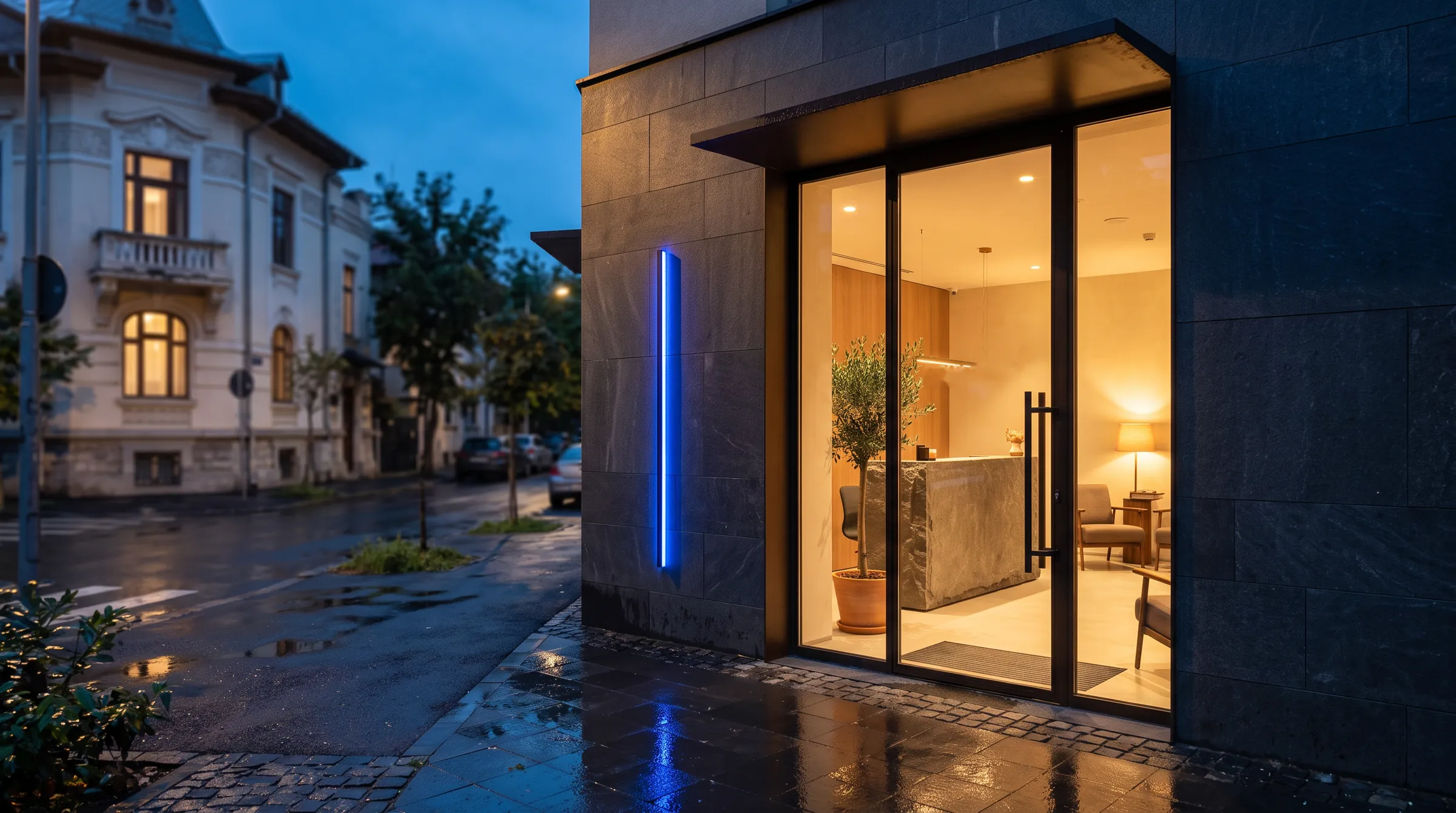 The clinic entrance in the evening, reception lit